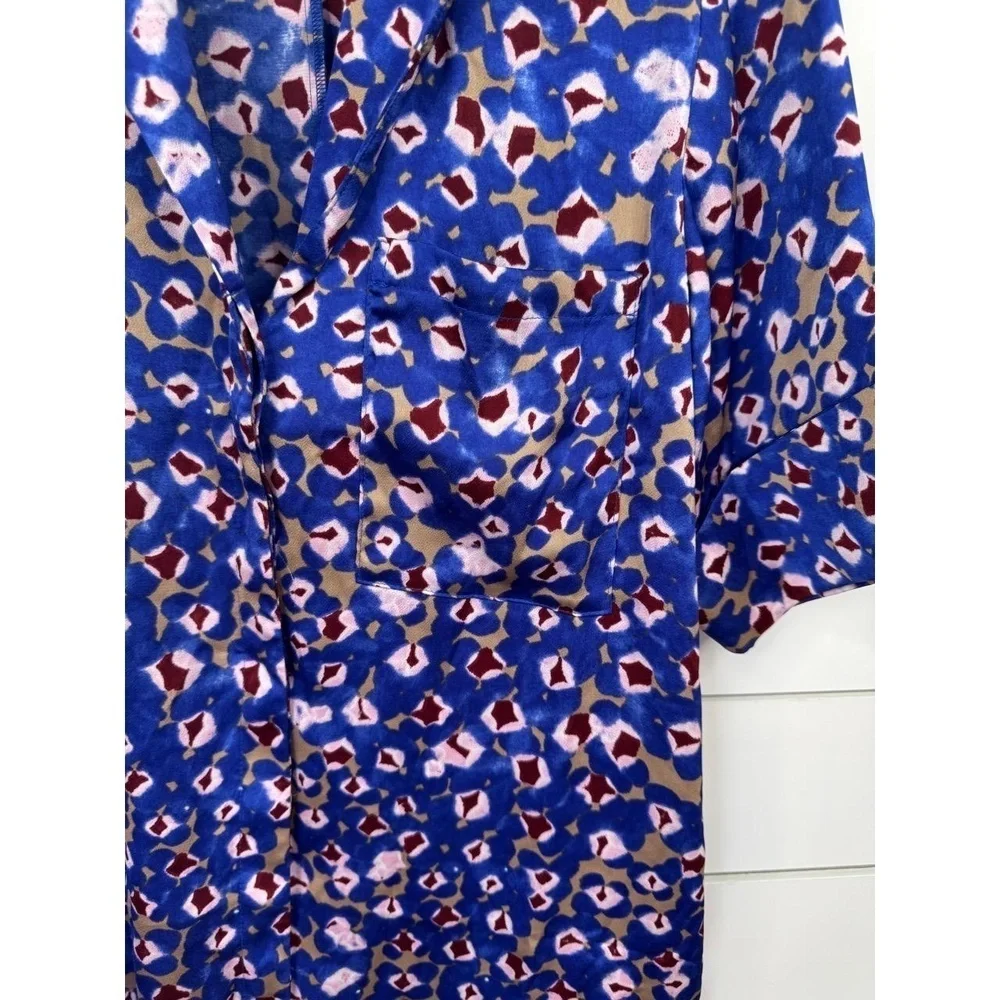 Open Edit Womens Button Up Shirt Blue Multi Abstract Cuffed Sleeve Print Size XS
